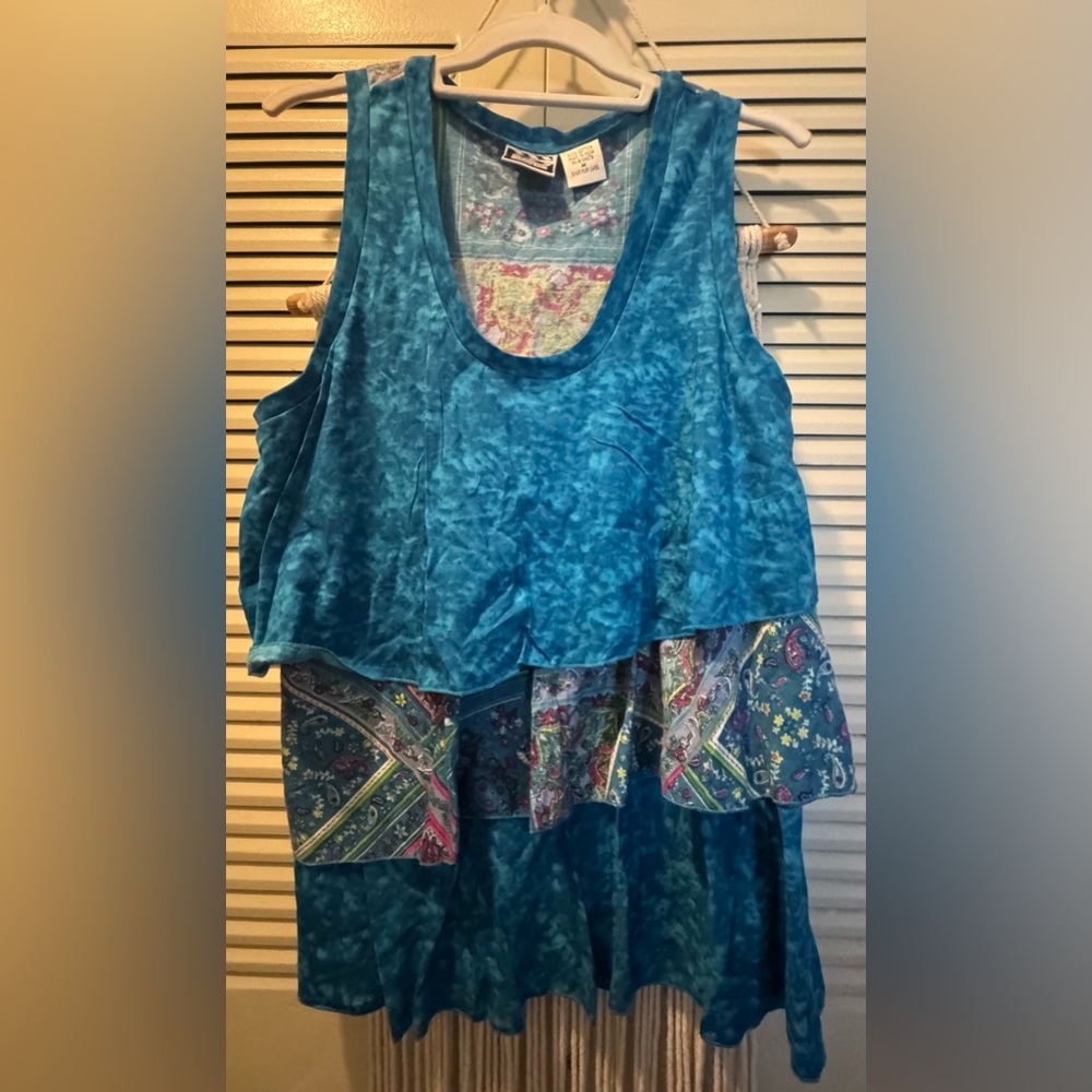 Vintage TAKE TWO  Boho Ruffles Layered Blue Printed Sleeveless Top Sz Medium
